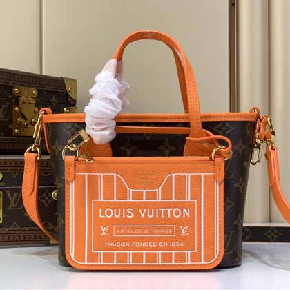 LV Neverfull BB M28337｜老花 × 橙色雙面翻