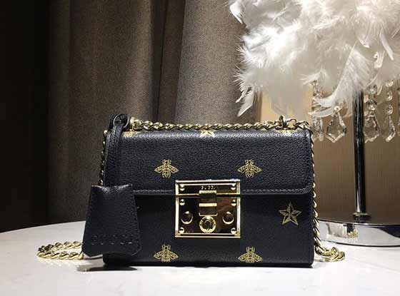 古奇Padlock Bee 蜜蜂燙金印花鎖扣鏈條包