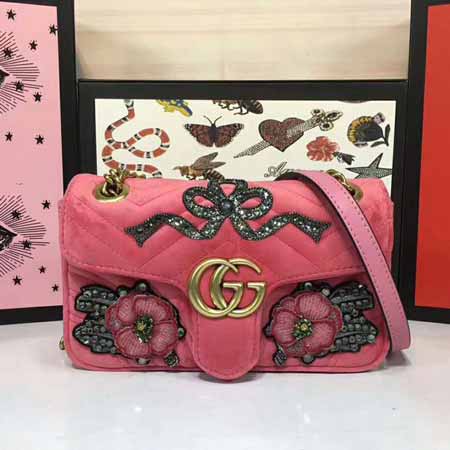 古奇高等刺繡天鵝絨珠鉆貼花刺繡女士單肩包446744