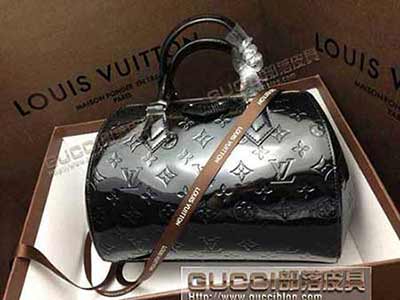 路易威登歐美簡約女包 復古桶包 lv糖果色色手提包漆皮女包女90058黑色