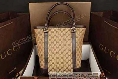 gucci女士拉鏈水桶單肩包 咖啡色帆布配牛皮潮流購物袋342591