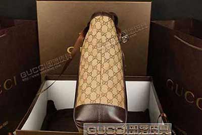 gucci女士拉鏈水桶單肩包 咖啡色帆布配牛皮潮流購物袋342591