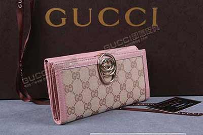 高等 古奇三折長款女士帆布按扣錢包 真皮錢包 224225淺杏布粉紅皮