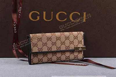 古琦帆布女士錢包 長款三折歐美時尚錢夾 搭扣日錢包 257012杏布啡皮