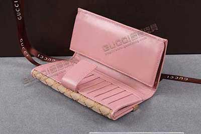 古奇帆布經典logo長款三折搭扣錢包 257012淺杏布粉紅色