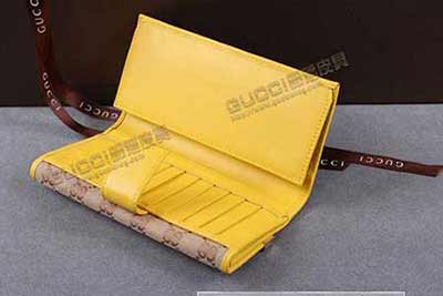 代買帆布配皮長款搭扣女款三折帶支票夾錢包 257012淺杏布黃皮