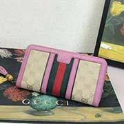 353651 古奇 經典單拉鏈款配以彩色織帶 意大利進口甩紋牛皮 19x10.5x2.5cm 杏布櫻花粉