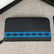 PRADA男士單拉鏈錢包 專柜新款式 官網同步 2ML317 深藍淺藍色菱形拼色 意大利高等原單十字紋牛皮質感極好 長20cm高10.3cm