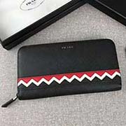 PRADA男士單拉鏈錢包 專柜新款式 官網(wǎng)同步 2ML317 黑色紅白波浪拼色 意大利高等原單十字紋牛皮質感極好 長20cm高10.3cm