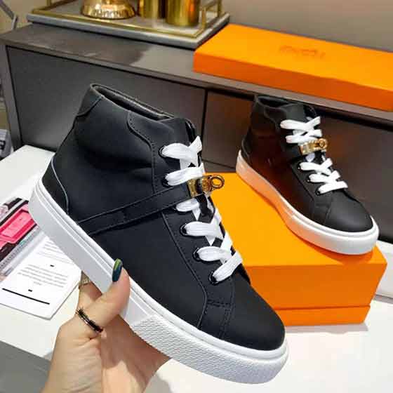 愛(ài)馬仕高幫鞋 經(jīng)典鍍金（銀色）Kelly鞋扣小白鞋