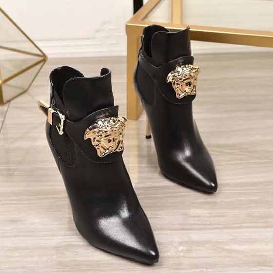 大品牌專柜女鞋尖頭短靴女中筒靴 范思哲秋冬細跟黑