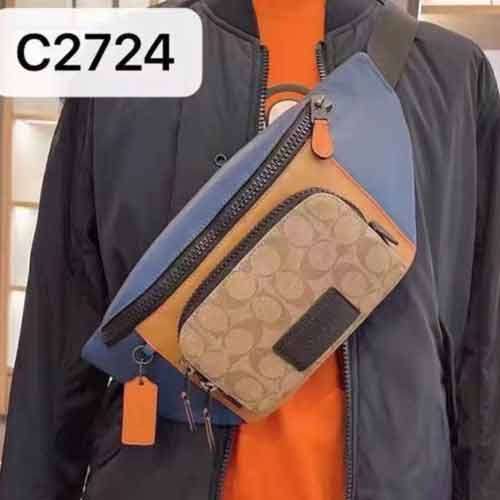 蔻馳男包印花藍白條拼色皮革單肩斜挎包 COACH胸包