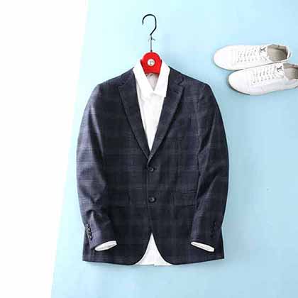 古奇男士經典復古灰藍格紋元素時尚修身顯瘦商務休閑兩粒扣翻領西裝