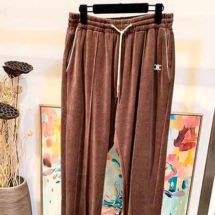 賽琳秋冬TRIMPH刺繡絲絨平紋針織喇叭運動褲