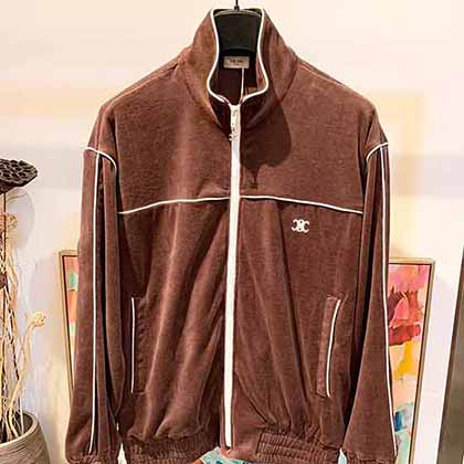 CELINE賽琳秋冬TRIMPH刺繡絲絨平紋針織拉鎖衛衣