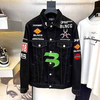 Balnci巴黎世家秋冬超重工發(fā)泡膠印花潮牌胸前刺繡牛仔外套