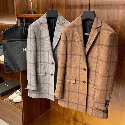 經典九宮格格紋百搭中厚羊絨混紡材質毛呢中長款大衣
