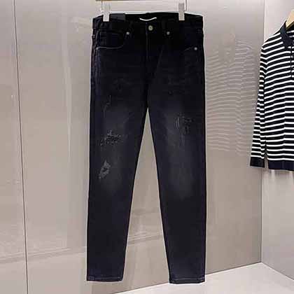 男士牛仔褲牌子YSL圣羅原單男士破洞補(bǔ)丁炭黑牛仔褲！