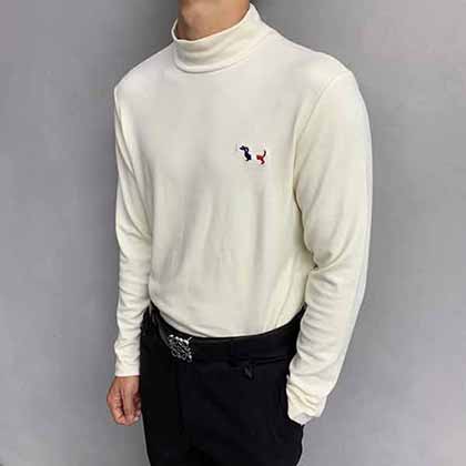 品牌潮流logo小高領刺繡定制羊絨混紡長袖T恤。