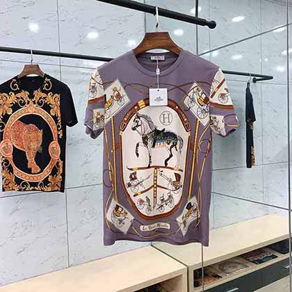  愛馬仕燙鉆搭配進口絲光棉活性3D數碼印花休閑短TEE