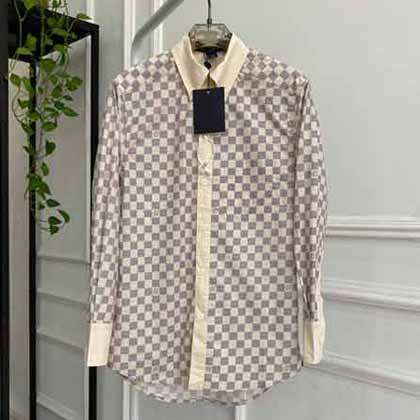 名媛女星的愛路易威登格子拼接修身長(zhǎng)袖襯衫