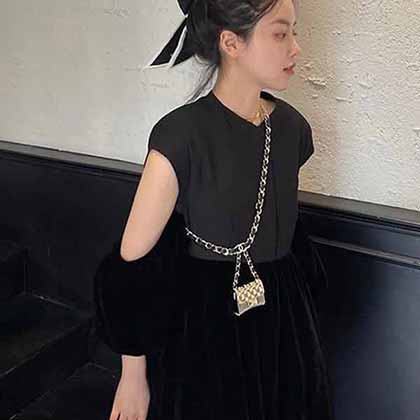 小香早秋新款連衣裙套裝拼接絲絨假兩件連衣裙