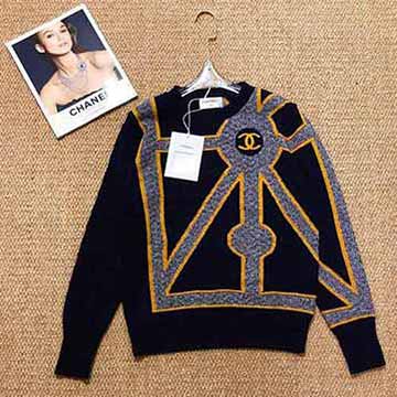 CHAN秋冬新款重工工藝羊絨毛衣 圓領重工提花毛衣