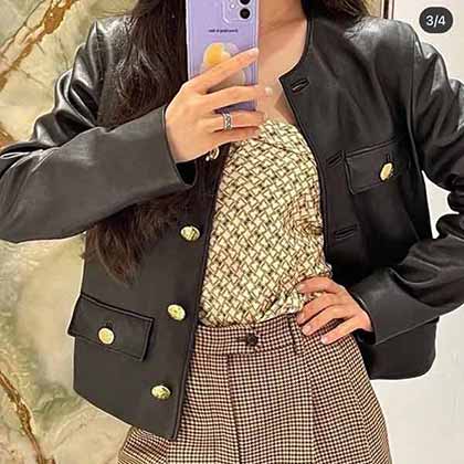 CelineAW經典復古圓領金扣短款羊皮