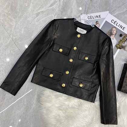 Celine經典復古圓領金扣短款羊皮外套
