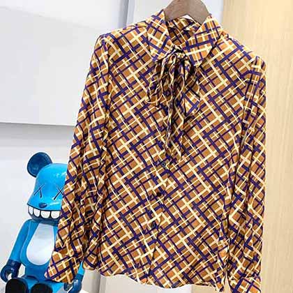 塞琳雙色格紋交織高階通勤畢備飄帶襯衫