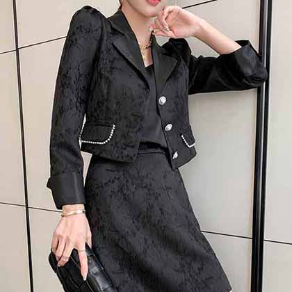 高等女裝小香鑲鉆珍珠西裝領套裙