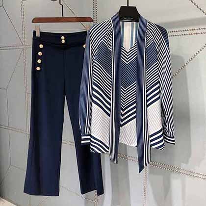 小香飄帶套頭上衣釘扣長褲套裝