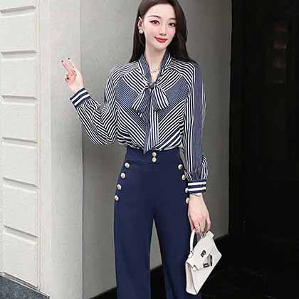 小香秋款飄帶套頭上衣釘扣長褲套