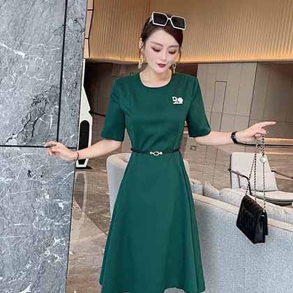 爆款DIO春夏女裝新款時尚中長款短袖壓褶寬擺修腰連