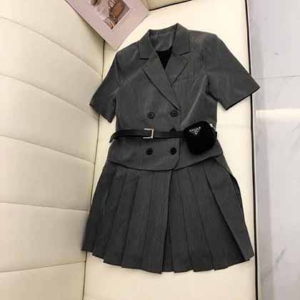 Prad獨家定制款雙排扣腰帶西裝連衣裙