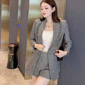 小香套裝經典復古粗織千鳥格外套 羊毛高腰a