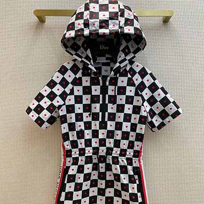 黑白棋盤格愛心印花連帽松緊腰連衣裙  王子文同款！