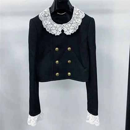 秋季新款 娃娃領(lǐng)蕾絲刺繡長袖撞色夾克 短款外套
