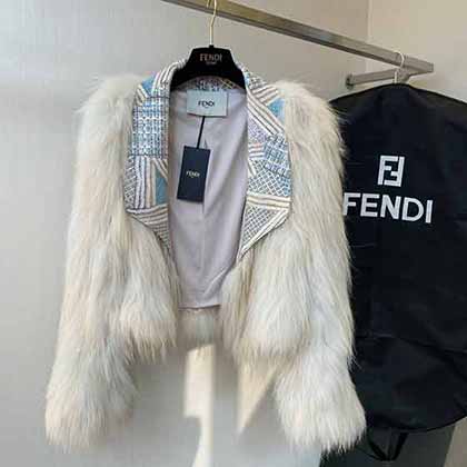 芬迪女神系小翻領(lǐng)進口狐貍毛編織皮草外套