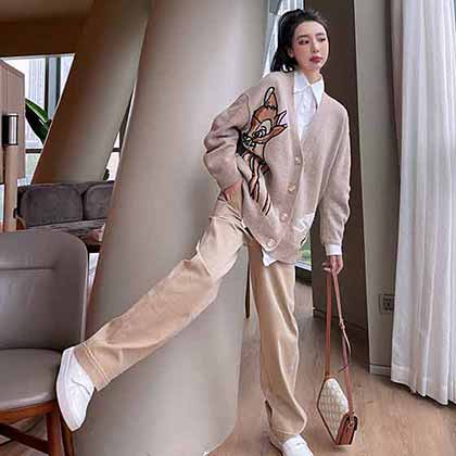 Edition秋冬新款慵懶風小鹿斑比寬松針織開衫