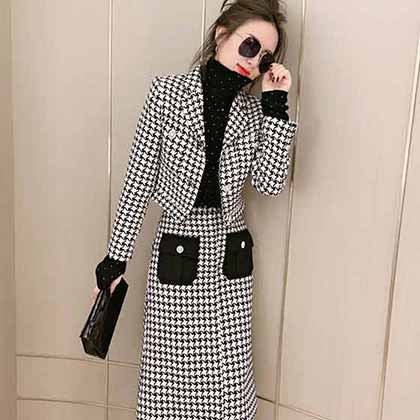 經典復古粗織千鳥格外套＋高腰a擺半裙羊毛！