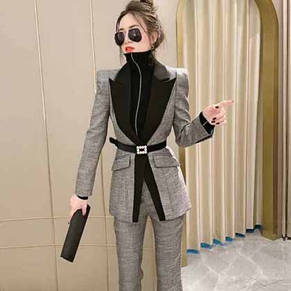 早秋撞色西裝套裝，翻領收腰外套高腰長褲套裝！