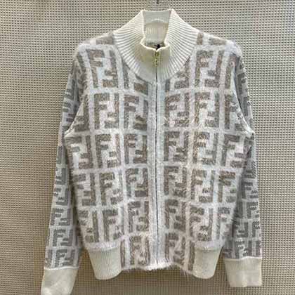 FENDI秋冬新款系列F字母貂毛羊絨拉毛立領拉鏈針織開衫