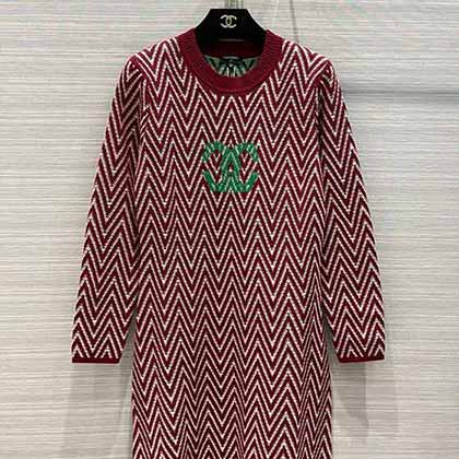 Chane秋冬官網新款系列高等配色系雙C幾何波浪羊毛針織連衣裙