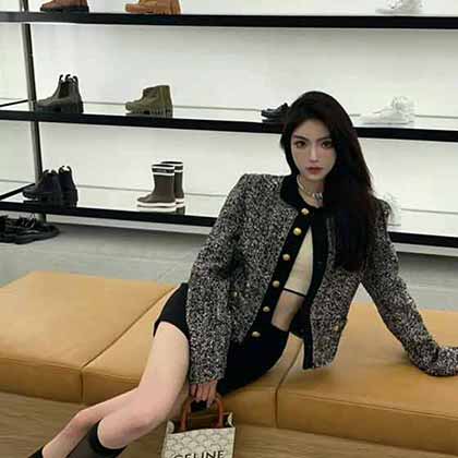Celin21FW 秋冬新款羊毛花呢外套灰色色短款?yuàn)A克女士開衫外套