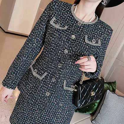 秋冬新款撞色邊亮片套裝，撞色外套高腰半裙！