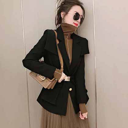 2022秋冬新款西裝網紗裙套裝，收腰翻領西裝外套
