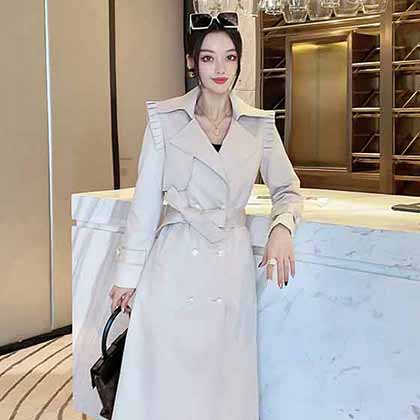 時尚歐貨中長款風(fēng)衣外套荷葉邊設(shè)計(jì)