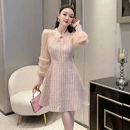 名媛小香風溫柔羽毛刺繡釘珠領粗花呢連衣裙！