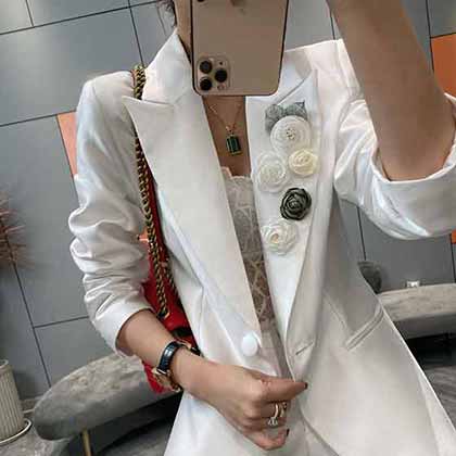 專柜同步新款！立體修身版型精美玫瑰花扣西服外套